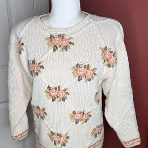 Floral Knit Sweater Cotton & Ramie - Cream and Pink Med
